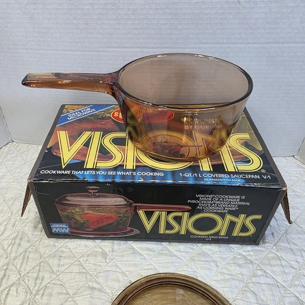 Vintage Pyrex Corning Visions Ware Amber 1L Glass Cooking Pot Spout with Lid USA